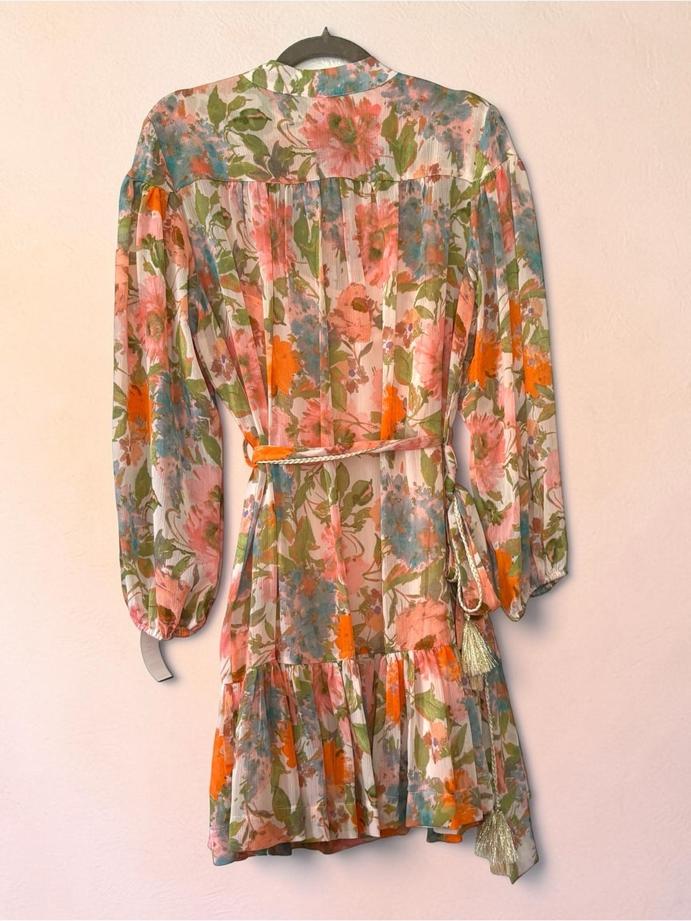 NWT Taylor Floral Tiered Chiffon Mini Dress Long Slv Sz 14 - Pink & Orange - Picture 15 of 16